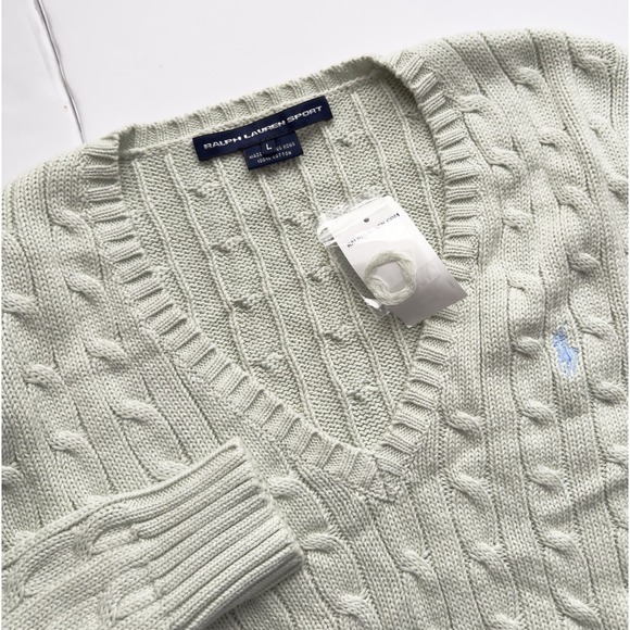 Ralph Lauren Sport Sweaters - NWT Ralph Lauren Sport Women's V Neck Cable Knit Sweater Cotton Pony Size L